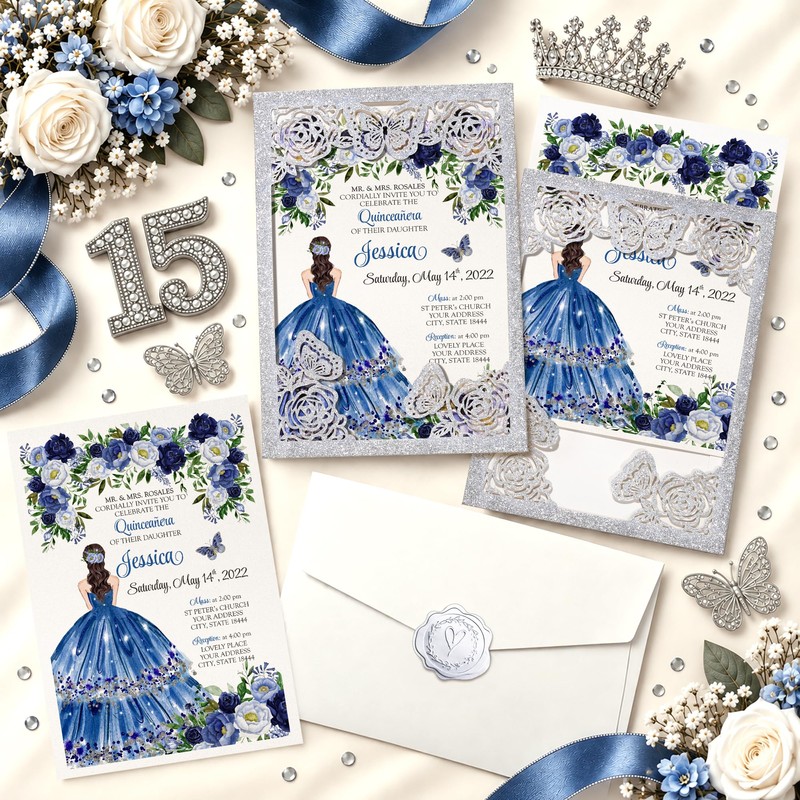 DORIS HOME 50Pcs Glitter Silver Butterfly Quinceanera Invitations, 5" x