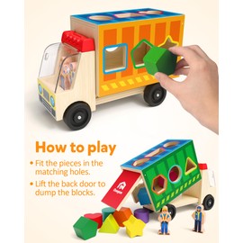 Coogam Wooden Truck Shape Sorting Toy, Color Shape Matching Game with 2 Play Figures, Baby Toddler Fine Motor Montessori Learning Gift for 2 3 4 Year Old