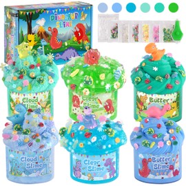 LAWOHO 6 Packs Dinosaurs Slime Kit - Cloud Slime, Butter Slime & Clear Slime, Crunchy Slime with Dinosaurs Slime Add-ins, Fluffy Slime Kits for Girls & Boys, 360ml Blue & Green Easter Slime Making Kit