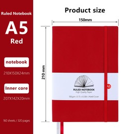 Notebook A5 Lined Journal Notebook 320 Pages 100gsm Paper Thick Note Book with Inner Pocket, 2 Ribbon Page Marker for Office School Home Business Writing & Note Taking (Red)