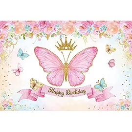 Xiaoterna 7x5ft Happy Birthday Backdrop Butterfly Crown Girls Birthday Pink Blooming Flowers Photography Background Pink Butterfly Golden Crown Backdrop Adults Kids Portraits Photo Studio Props