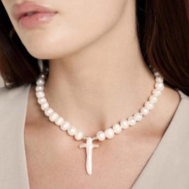 Ettika Cross Necklace For Women, Pearl Necklaces For Women. Gold Necklaces For Women, Organic Pearl Cross And 18k Gold Plated