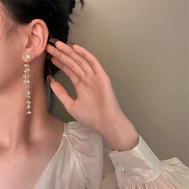 Aneneiceera Long Tassel Pearl Drop Earrings Gold Tiny Crystal Pearl Chandelier Dangle Earrings Wedding Brial Pearl Tassel Earrings Statement Pearl Beaded Dangle Earrings Jewelry for Women and Girls