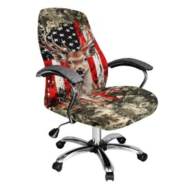 Wanyint Deer American Flag Camo Hunting Forest Computer Office Chair Cover Spandex Rotating Chair Slipcover Dustproof Stain Resistant High Back Computer Chair Cover for Dogs Cats, L