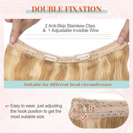 Benehair Ombre Invisible Wire Hair Hair Extensions Human Hair Wavy for Women Full Head Hairpieces No Tape No Glue Seamless Fish Line Headband 16inch 60Gram for Adding Volume Ash Blonde&Bleach Blonde #18P613