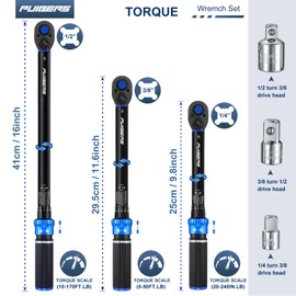 PUIBERS Torque Wrench Set 1/2 3/8 1/4 inch Drive Click, 3Pcs Torque Wrenches 10-170 FT.LB,5-50FT.LB,20-240IN.LB, Inch pound Torque Wrench with 3 Pcs Adapter for Bike,Car, Truck,Tractor