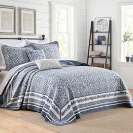 CozyStitch Floral Bedspread 102"x120" Oversized Queen Bedspread, 100% Cotton Oversized Queen Quilt with 2 Pillow Shams, Lightweight Botanical Quilted Bedspreads Coverlet Sets, Blue/White, 3 Pcs