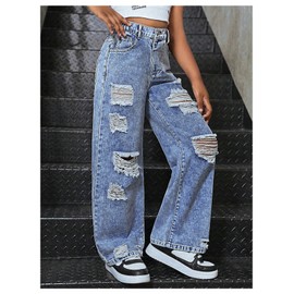 OYOANGLE Girl's High Rise Streetwear Ripped Baggy Jeans Wide Leg Casual Distressed Denim Pants Medium Wash 10Y