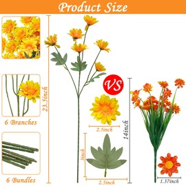 TURNMEON 36Pcs Daisy Artificial Flowers for Outdoor, 23.5'' Long Stem 6 Bundles Fake Flowers UV Resistant Artificial Fake Plants Plastic Faux Greenery Shrub for Home Indoor Summer Decor(Yellow)