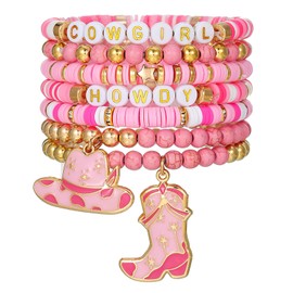 mintolex 7 Pack Western Cowgirl Beaded Stretch Boho Bracelets for Women Stackable Pink Cowgirl Hat Boots Accessories Turquoise Cow Cactus Flower Charms Bracelets Western Jewelry Gifts, CG-Pink