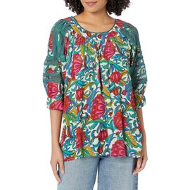 Tru Luxe Jeans Women's Printed Top with Lace Trims, Multi, Small
