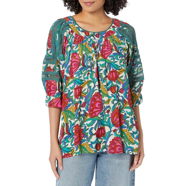 Tru Luxe Jeans Women's Printed Top with Lace Trims, Multi,