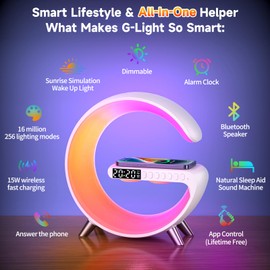 4 In 1 Smart LED Table Lamp, Alarm Clock, Bluetooth Speaker, Wireless Charger, App Control Night Light Bedside Lamp with Fast Charging Station for Bedroom, Home Decor, Family, Teen Girls Boys Gifts