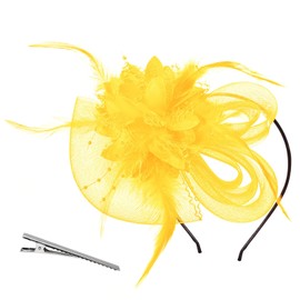 Song Qing Beaded Feather Hair Fascinator Hair Clip Headband Mess Wedding Cocktail Tea Party Hat Headpiece Yellow