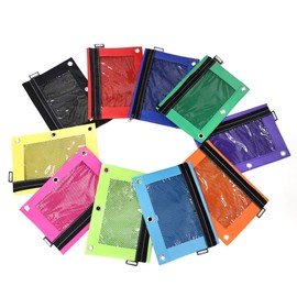 BAZIC Pencil Pouch 3 Ring Binder Pouch w/Rivet Enforced Rings Holes, Mesh Window, Zipper Pouches, Pack of 10 Colors