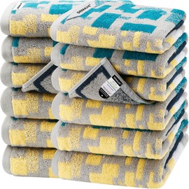 SEMAXE 12 Pack Hand Towels for Bathroom, 100% Cotton Towels with Hanging Loops, Soft & Highly Absorbent, Hand Towel Set for Gym, Shower, Hotel, Spa and Kitchen, Colorful - Checkered