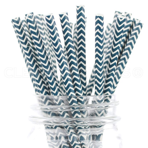 CleverDelights Biodegradable Paper Straws - Navy Blue Chevron - Box of 100