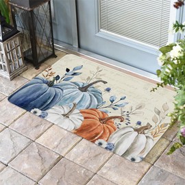 Fall Door Mat Blue Pumpkin Doormat Eucalyptus Leaves Harvest Thanksgiving Welcome Mat Non Slip Rubber Entryway Front Rug Floor Mat for Indoor Outdoor Kitchen Autumn Holiday Home Decor 18x30 Inch