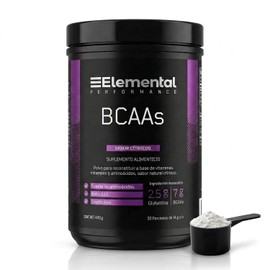 Elemental BCAA + Glutamina, Electrolitros, Hechos por PiSA, Aminoácidos, Vitaminas, Minerales, 30 Porciones, Entrenamiento, Sabor Natural Cítricos, Sin Azúcar, 420g