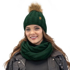 VIVISENCE Women's Hat with Faux Fur Bobble Made of Warm Yarn with Knitted Hats Fashionable Fabric Stylish Rolled Up with Soft Fleece Lining Ideal for Cold Winter Days, Green