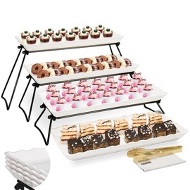 KAQAHIDO Extra Large 4 Tier Serving Tray Set, 34x22x10 inch Wave Edge Melamine Dessert Table Display Set, Tiered Trays Stand for Party Buffet Entertaining, Black and White