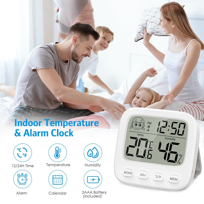Brifit Digital Thermometer Hygrometer Alarm Clock, Mini Room Thermometer Indoor