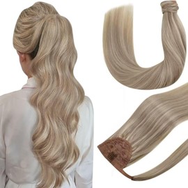 Hetto Blonde Ponytail Extensions, Real Hair Wrap Around Braid Real Hair Extensions, Remy Pony Black Extension, Real Hair, Ash Blonde Mix Medium Blonde, 45 cm, 17/23, 80 g