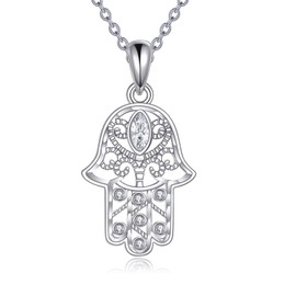 HUKKUN Hamsa Necklace 925 Sterling Silver Hamsa Necklace for Women Amulet Protector Jewellery Gifts, Sterling Silver