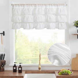TOPICK Kitchen Net Curtains with Ruffles White Linen Bistro Curtain for Small Windows Short Curtain Ruffled Kitchen Curtains Country House Style Semi-Transparent Curtains Short Farmhouse 125 W x 45 H