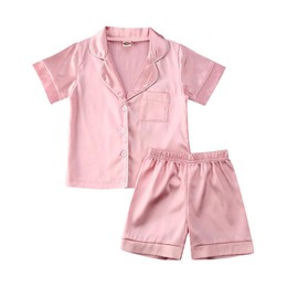 Toddler Baby Kids Satin Summer Pajamas Set Short Sleeve Button-Down Pajamas Top Pants 2Pcs Loungwear Sleepwear Pjs (A Pink, 2-3 Years)