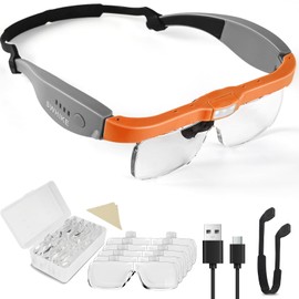 Magnifying Glass with Light Hands Free, Rechargeable Magnifying Glasses Headset with 5 Detachable Lenses Magnifier for Close Work, Reading, Jewelry Making Crafts (Orange & Gray)