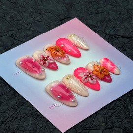 100% Handmade Press on Nails Medium Almond Handmade Nails with Flower Starfish Charm Design Rose Pink False Nails Glossy Ombre Pink Pearl Nail Press ons Reusable Fake Nails for Women Size M 10Pcs