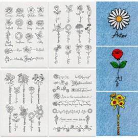 DOODLREAM 49Pcs Birth Month Flowers Water Soluble Hand Sewing Stabilizers, 29.7×21cm Floral Name Embroidery Pattern Stabilizer, 4 Sheets English Sentences Stick and Stitch Embroidery Paper Sticker