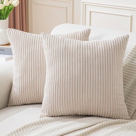 Cushion Cover Striped Corduroy and Velvet 18x18 inch Beige Decorative Pillowcase Soft Square Throw Pillow Covers for Sofa Couch Bedroom Livingroom Bench
