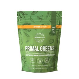 Primal Harvest Super Greens Powder, 30 Servings w/+50 Greens Superfood Chlorella, Probiotics, Green Tea, Wheatgrass, Kale, Turmeric for Energy,Primal Greens