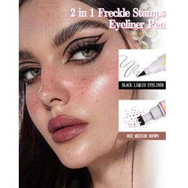 2 in 1 Freckle Stamps Eyeliner Pen, Medium Brown Liquid Freckle Stamp & Black Eyeliner Pencil for Summer Sunkissed Makeup, Waterproof Smudgeproof Natural Lifelike Fake Freckles Quick Dry Makeup Pen-02