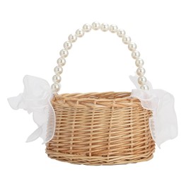 Wicker Rattan Flower Girl Basket Rustic Wedding Flower Girl Basket with Pearl Handle Small Flower Basket for Flower Girl Fairy Wedding Basket Handwoven Easter Baskets for Boys Girls Wedding (1 Pcs)