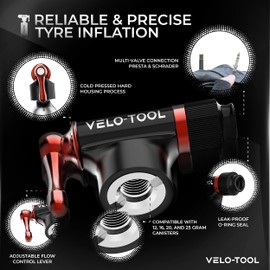 Velo-Tool™ CO2 Inflator Bike Pump – Premium, Quick & Lightweight & Adjustable Flow + Essentials Carry Case, Foam Grip - Presta & Schrader Valve Compatible – Suitable for MTB, Race/Road & BMX Bikes