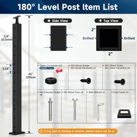 Gyykzz 42" Cable Railing Post, Adjustable Top Level Drilled Line Post with Cable Grommets, Stainless Steel Black Powder Coated Finish Handrail Post, Heavy-Duty Wire Railing Post for Wood/Concrete Deck