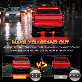 XRIDONSEN 48 inch Truck Red Tailgate Emergency Lights Strip Rear Window Lights 288 LED Tail Strobe Lights Police Firefighter Lights Flashing Warning Hazard Safety Lights for Vehicles Trucks Pickup POV