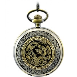 Infinite U Dragon and Phoenix Roman Numerals Hollow Skeleton Steel Mechanical Pocket Watch Bronze
