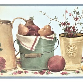 CONCORD WALLCOVERINGS ™ Wallpaper Border Garden Pattern Flowers Fruits Dishes Buckets on Shelf for Cottage Farm House, White Green Beige Red Blue Yellow Green Brown, 7 Inches by 15 Feet KB79741