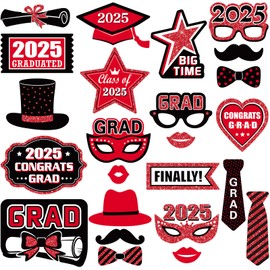 Blulu 24 Pieces 2025 Graduation Party Photo Booth Props Kit, Funny Graduation Party Selfie Props, Selfie Photo Frame for High School and College Grad Favors Supplies(Red)