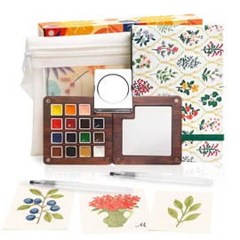 Mini Watercolor Paint Set - 15 Color Travel Watercolor Kit, Pocket Watercolor Paint Palette Set with Watercolor Book, Binder Clips, Pens, Storage Bag, Wooden Paint Box for Painters Artists Student