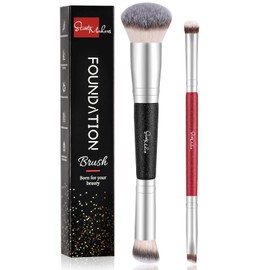 START MAKERS - Juego de 2 brochas de maquillaje de primera calidad para polvo, rubor, corrector, contorno de sombra de ojos, cejas 4 en 1, cepillo de maquillaje profesional
