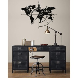 Metal World Map Wall Art World Map Mountains 3D Wall Silhouette Metal Wall Decor Home Office Bedroom Living Room Decoration (Black, 47" W x 36" H / 117x91cm)