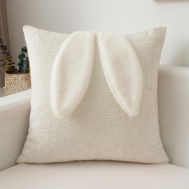UGASA Easter Dimensional Rabbit Ears Pillow Cover 18x18 Inch Set of 1 Soft Luxury Chenille Cute Bunny Ears Decor Pillowcases for Happy Easter Spring Sofa Couch Chair Bedroom, Cream White