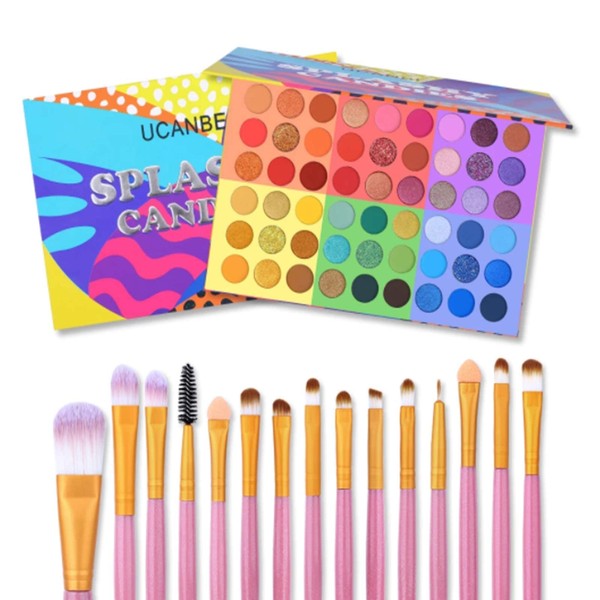 UCANBE Eyeshadow Makeup Kit, 54 Colours Eyeshadow Palette & 15 Pieces Makeup Brush Set, 6 in 1 Glitter Shimmer Matte Eyes Cosmetic Makeup Palette with Makeup Brush Set