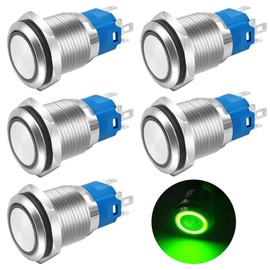 Gebildet Pack of 5 16 mm Green LED Metal Momentary Push Button Switch Waterproof 12V-24V/5Amp 1NO 1NC On/Off for 5/8 Inch Mounting Hole