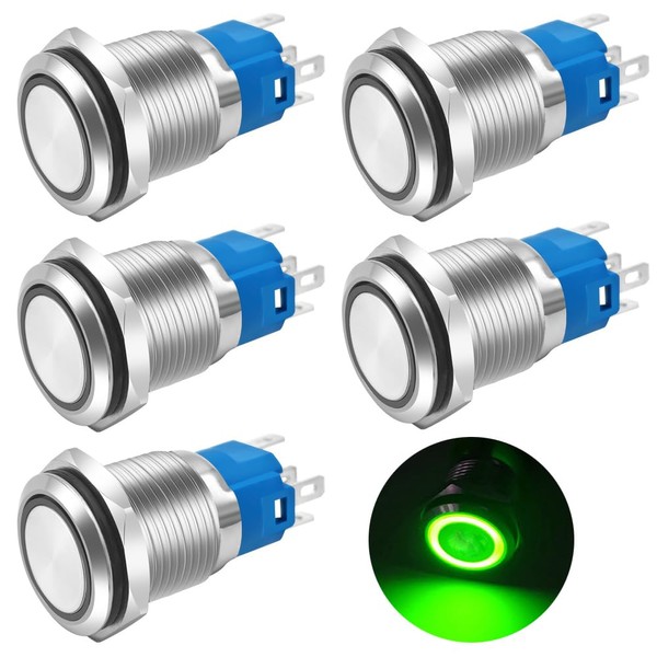 Gebildet Pack of 5 16 mm Green LED Metal Momentary